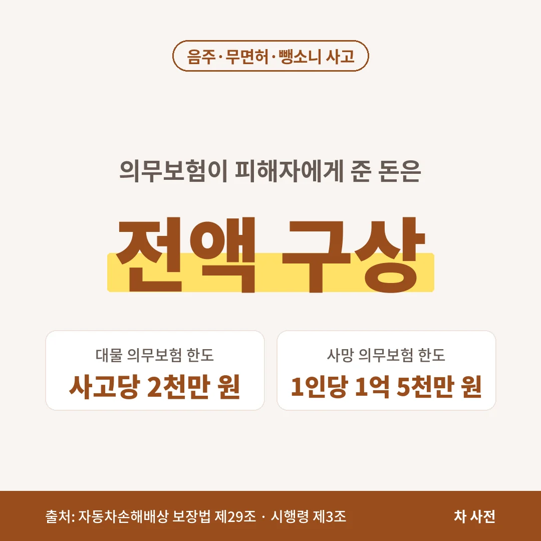 음주·무면허·뺑소니 사고는 의무보험이 지급한 보험금을 전액 구상하며, 의무보험 한도는 대물 사고당 2천만 원, 사망 1인당 1억 5천만 원이에요.